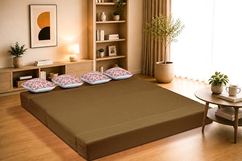 Image of Four Seater Sofa Cum Bed Jute Fabric 6 X 6 Ft| Space Saving Foldable Sofa Bed for Living Room & Guest Room | Comfortable Multi-Functional Furniture - Golden