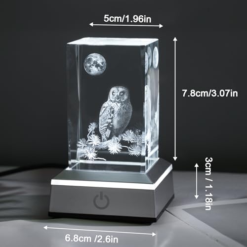 Image of 3D Owl Crystal Night Light with Multicolor LED Base Glass Laser Engraved Owl Figurines Lamp Gifts for Boys Girls Lovers Birthday Christmas Room Decor