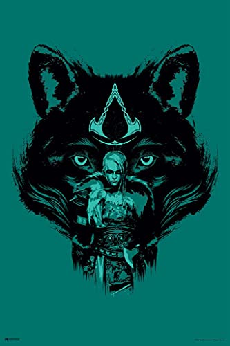 Laminated Assassins Creed Valhalla Merchandise Wolf Companion Female Video Game Cover Video Gaming Gamer Collectibles Viking Eivor Varinsdottir Poster Dry Erase Wall Art 12x18