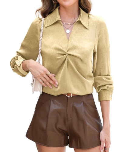 RUMIA Longsleeve Satin Silk Fall Blouses Shirt for Women Business Work Top Yellow