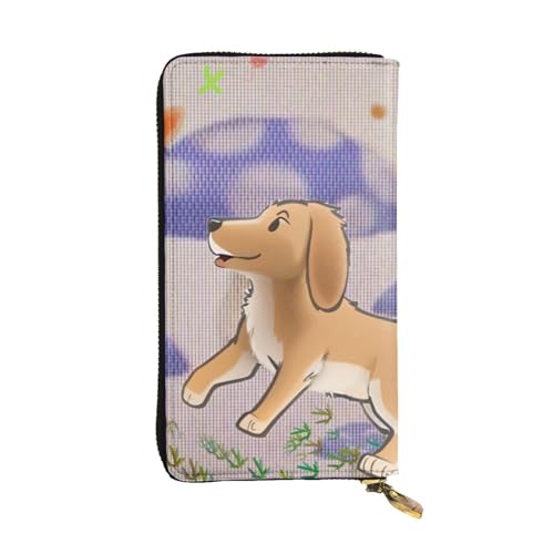 Portefeuille long en cuir femme noir avec motif tendance de champignon et chien