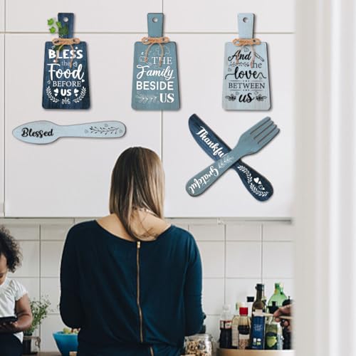 PH PandaHall 6pcs Kitchen Wall Decor Bless Food Sign Set Wall Table Accessories Wooden Pendant Decorations Mini Plaque Fork Spoon Shape Sign Rustic Style Home Dector Blue, 11x5.5 inch/11.8x2 inch - Image 6