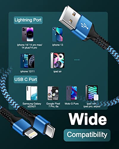 Apple Lightning & Usb-C 2-In-1 Charging Cable (4 Feet), Usb To Lightning & Usb To Usbc Long Fast Charger Cord For Iphone 14 Plus 13 12 11 Pro/Max/Mini I Ipad Pro/Air/Mini, Samsung Galaxy, Google Pixel #TOP5