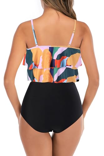 Image of Womens Tankini Swimsuits Ruffled Tank Top Tummy Control Floral Modest Swimwear High Waisted Bikini