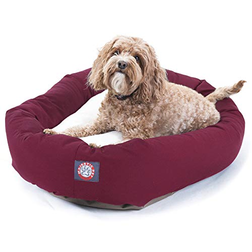 Image of Majestic Pet 32 Inch Poly-Cotton Sherpa Calming Dog Bed Washable 32x18x8 (inch) - Cozy Soft Round Donut Dog Bed with Spine for Head Support - Pet Bed Medium - Burgundy