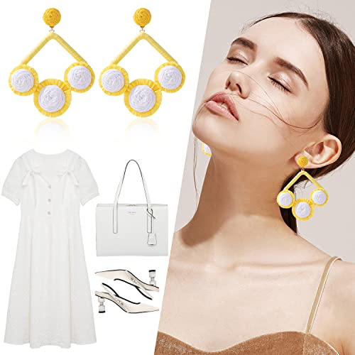 Statement Raffia Round Earrings - Boho Drop Handmade Straw Earrings -Geometric Dangle Earrings For Women，Girls (Yellowish White) #TOP5