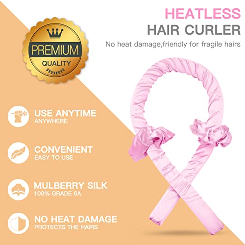 No Heat Curling Headband, No Heat Curlers For Long Hair, Curling Rod Headband To Sleep In With 2 Hair Ties And 1 Hair Clip, Soft Silk Hair Styling Tools Kit (Pink) #TOP2