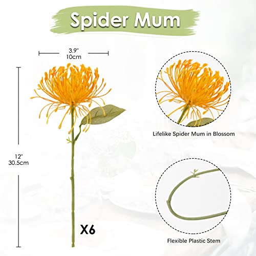 Arborus 6PCS Artificial Fall Chrysanthemum Tropical Flowers 4 Inch Faux Pincushion Flower Large Spider Mums Autumn Flowers for Home Décor Centerpiece Wedding Bouquet (Orange Yellow) by Arborus - Image 2