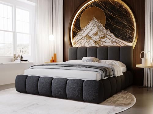 GRAINGOLD Cloud Bett 180x200, Polsterbett mit Bettkasten, Polsterbett mit Stauraum, Bouclé-Stoff, mit Lattenrost, mit Kopfteil, ohne Matratze (Schwarz, 180x200)