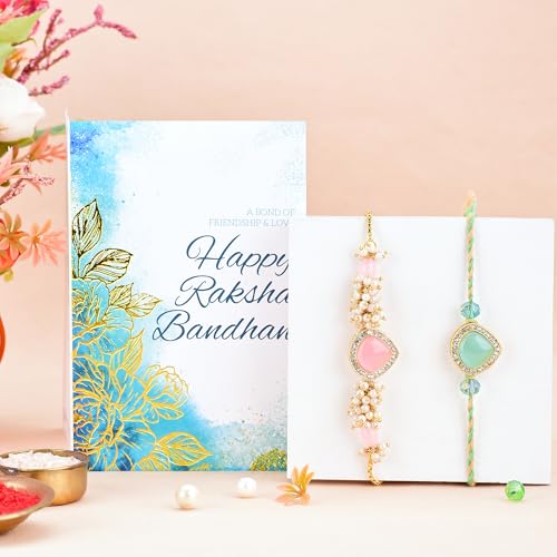 Image of To The Nines Bhaiya Bhabhi Rakhi Set with Greeting Card & Tilak Material - Bracelet Rakhi Set