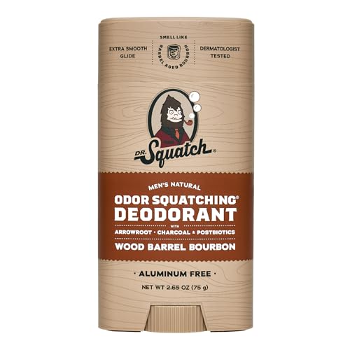 Dr. Squatch Natural Men’s Deodorant – Aluminium Free Natural Deodorant For Men with Charcoal & Postbiotics for 72-Hour Odor Protection – Wood Barrel Bourbon, 75g Stick (1-pack)