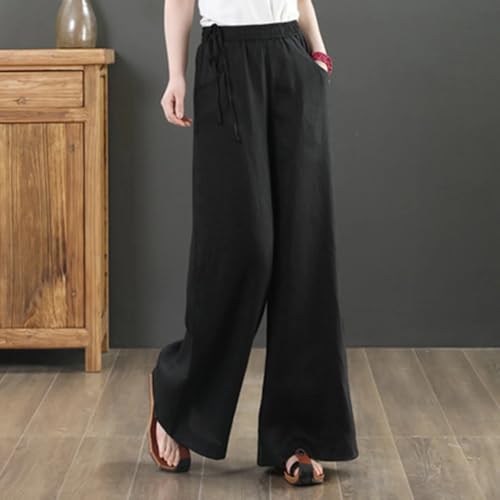 Image of KOTTY Women's Crumble Fabric High Waist Solid Color Drawstring Wide Leg Trousers Loose with Pockets