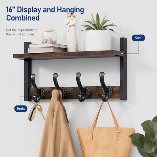 Image of Tatub 16 inch Rustic Coat Rack Wall Mount with Shelf, Wall Hooks with Shelf, Heavy Duty Entryway Organizer Hangers for Hanging, Hat, Bag, Jacket for Bathroom, Living Room, Bedroom