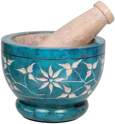 Mortar and Pestle, Made of Heavy Duty Polished Hard Stone, Natural Stone Grinder for Spices, Pastes, Herbs, Seasoning etc. (Turquoise Floral)
