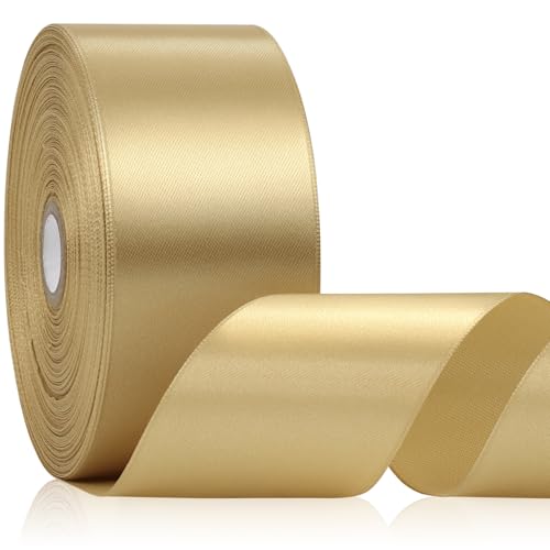 Apeseek 2 Inch 60 Yards Champagne Gold Satin Ribbon Solid Polyester Fabric Ribbon for Gift Wrapping Crafts Floral Bouquet Wedding Barthday Party Festival Christmas