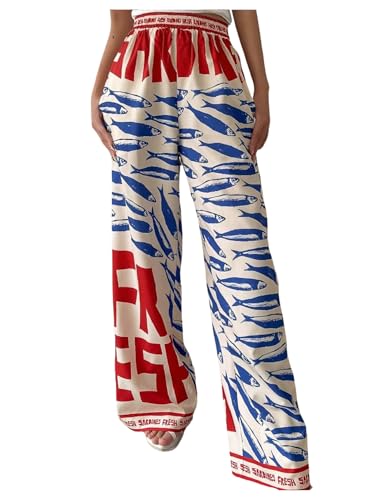 MakeMeChic Women's Boho Fish Print Wide Leg Pants Elastic Waist Loose Fit Trousers with Pockets