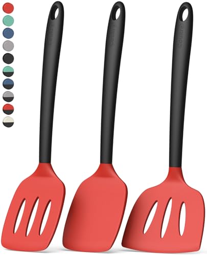 Image of Coukre 3 Pack Silicone Spatula Set, Heat Resistant to 500F, BPA-Free | Fish Spatula, Solid & Slotted Turners, Dishwasher Safe, Spatula Set for Eggs, Pancakes, Fish & Burgers, RedBlack