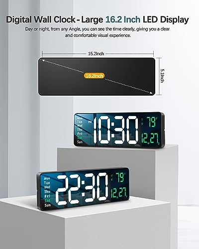 Image of JoFomp Modern 16 inch Large Digital Wall Clock with Remote Control, LED Display, Auto-Dimming, Countdown, Temperature, Calendar - 12 /24Hr Format (Green),Acrylonitrile Butadiene Styrene