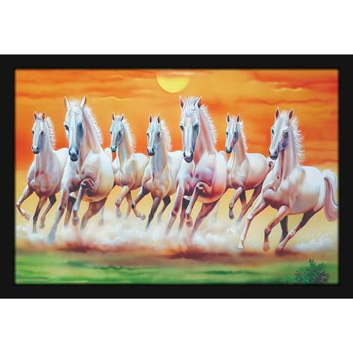 Image of Mad Masters 7 Running Horses Vastu Vaastu Lucky Hanging Home Decor Painting for Living Room & Bedroom Decoration (MM 3003, 45.7L x 30.5W cm, Paper, With Plexi Glass)