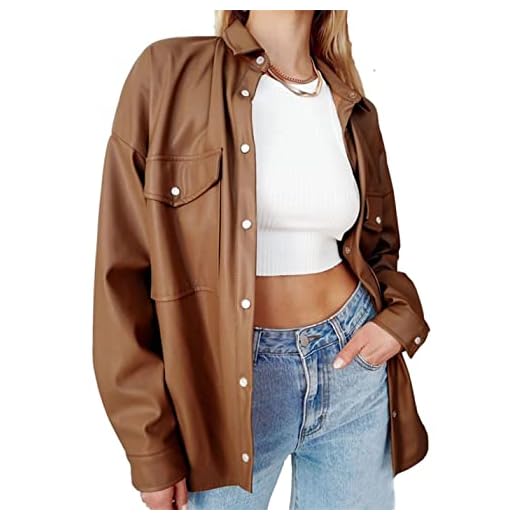 Zontroldy Brown Faux PU Leather Shacket Jacket Women Spring Fall Fashion Button Shirt Jacket Blazer Coat(0373-Brown-M)