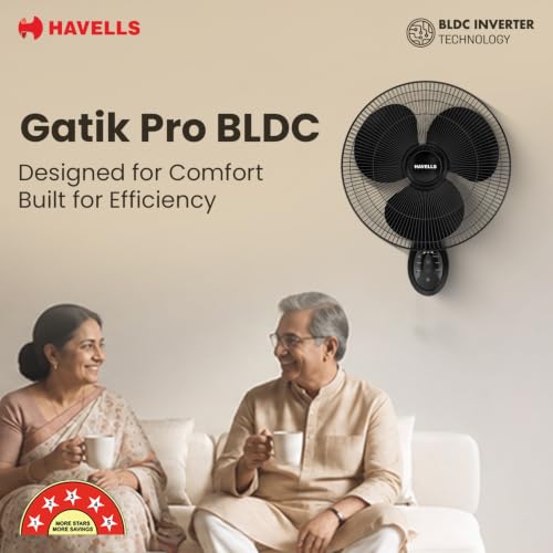 Image of Havells Gatik Pro BLDC 400mm Wall Mount Fan | RPM: 1350 | Double string for Speed & Oscillation control | Thermal Overloaded Protected Motor | 100% Copper Wire Winding Motor | 2 Year Warranty (Black)