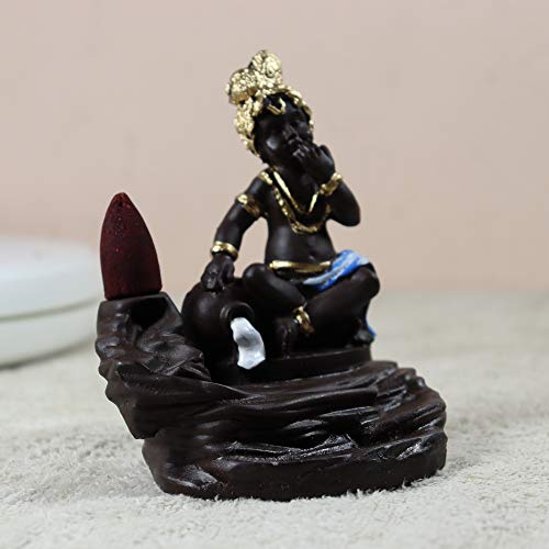 Image of CRAFTAM PolyResin Krishna Smoke Fountain Backflow Waterfall Cone Incense Holder Showpiece Statue with 10 Back Flow Incense Cones (Blue)