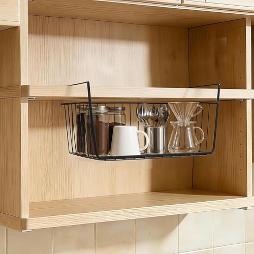 Image of Styleys Metal Under Shelf Basket Wire Rack for Extra Cabinet Storage 13.5-inch, 2pcs, Black -S11027A