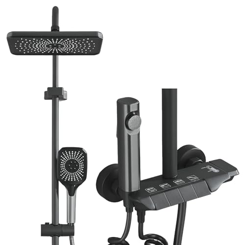Colonne de Douche Gris Système de Douche Réglable en Hauteur Ensemble de Douche 4 Modes Spray Supérieur, Jet, Robinet, Douchette à Main Acier Inoxydable