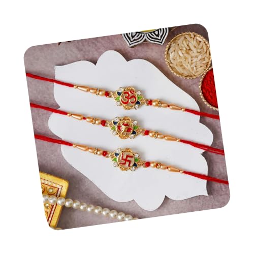 Image of eCraftIndia Set of 3 Multicolor Semi Precious Designer Rakhis for Brother Bhaiya Bhai | Roli Chawal Pack