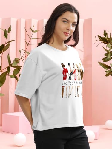 Image of HELLCAT Beige Printed Loose Fit Crew-Neck Crop T-Shirt for Women