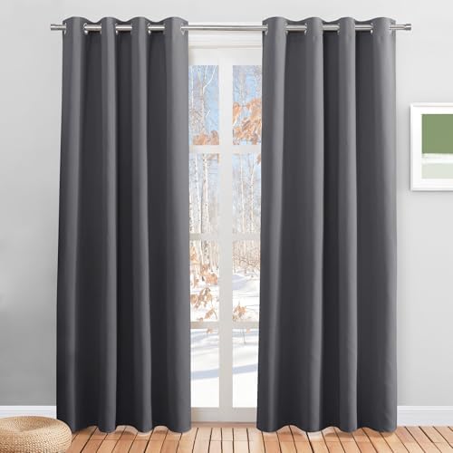 PONY DANCE Thermovorhang Kälteschutz Tür Vorhang Blickdicht Grau | 2er Set H228 x B117 cm, Gardinen Verdunkelnd, Ösenschal, für Schlafzimmer Wohnzimmer Kinderzimmer, Sichtschutz, U