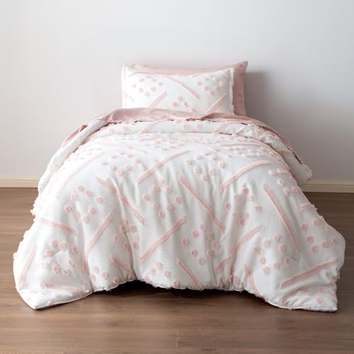 Amazon Basics 5-Piece Kids' Bed-in-a-Bag, Jacquard Microfiber Bedding Set with Comforter, Sheets, and Pillowcases, All-Season, Pink Tufted, Twin