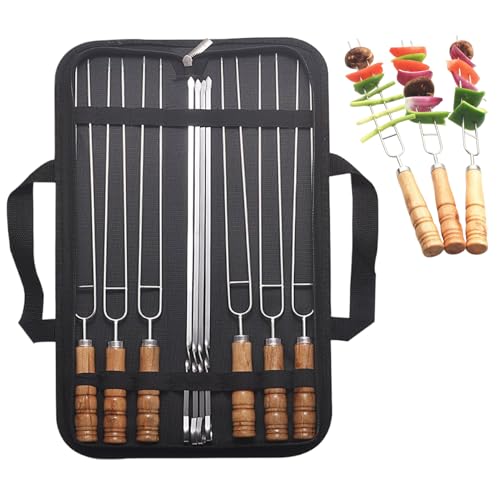 Renchey Brocas De Metal Para Brochetas | 10 Piezas Brochetas Acero Inoxidable Con Mangos De Madera | Asas De Madera Reutilizables Para Carnes Mariscos Y Verduras