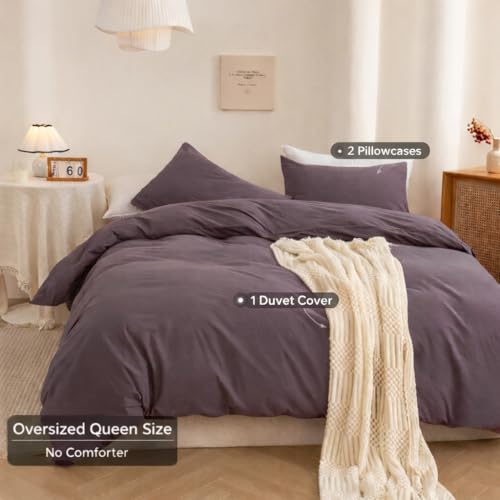 Image of ECOCOTT Duvet Cover Set, 100% Washed Cotton Linen-Like Textured Soft & Breathable, Durable Comfy Bedding Set for All Seasons Oversized Queen Size, Lilac Purple