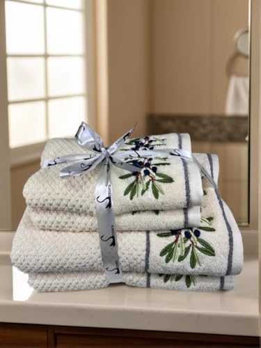 Image of SENSES By Riba Cotton Embroidered Towel Set, 550 GSM Soft & Absorbent, Antimicrobial, Oeko-Tex Certified | Ideal for Home & Gifting, Pack of 4 (2 Bath 27 inchX50 inch + 2 Hand Towels 16 inchX26 inch) - Style 17