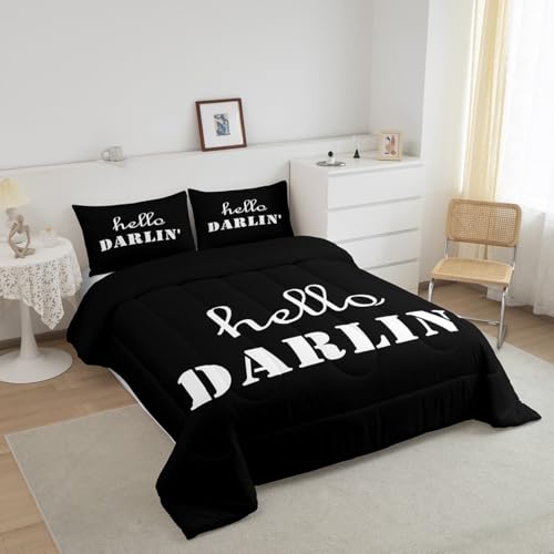Image of Feelyou Kids Full Size Hello Darlin Bedding Set Western Black Comforter Set Funny Western Retro Comforter for Kids Boys Girls Rustic Duvet Insert 2Pcs