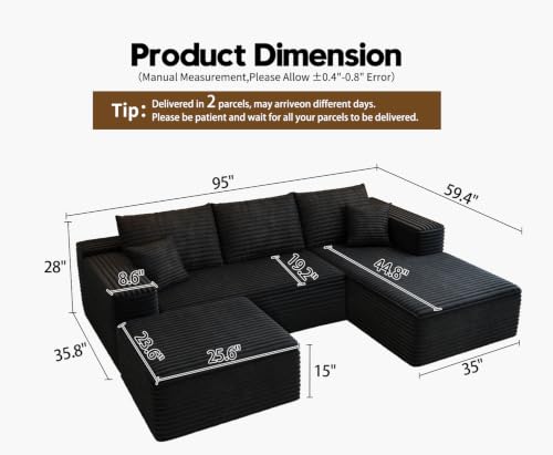 Image of Settab 95 inch Boneless Couch Modular Sectional Sofa with Ottoman,U Shape Lounge Cloud Couch,Flexible Module Combination for Living Room, No Assembly