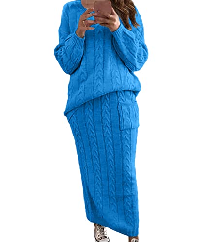 Image of Sexyshine Women's Cable Knit Long Skirt 2 Piece Outfit Chunky Oversized Pullover Sweater Top and Long Pencil Skirt Sets