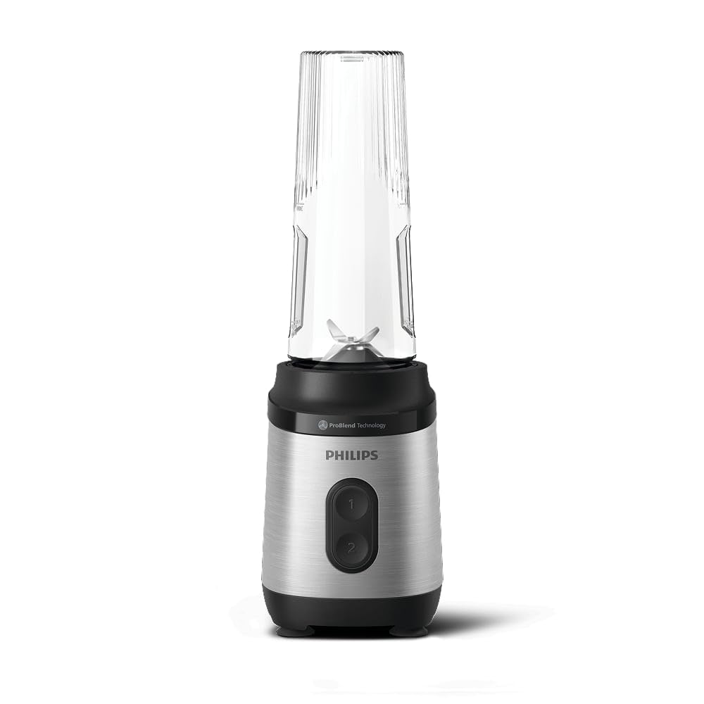 Philips Blend & Go 3000 Series Mini Smoothie Mixer – 350 W, 0,6 L Becher, 4-Stern abnehmbares Messer, 2 Geschwindigkeiten, spülmaschinenfest, ProBlend Technologie, kompakt, Silber (HR2671/00)