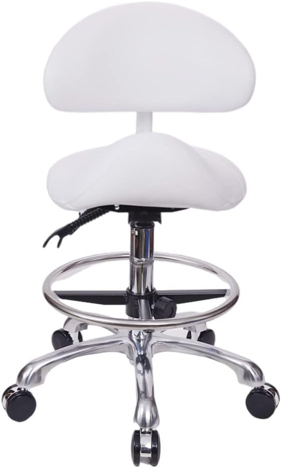 Saddle Stool Chair with Back with Foot Ring Rolling Esthetician Seat for Salon Tattoo Shop Spa Facial lash Home Dentist Clinic Esthetician Chair(with Backrest with Foot Ring, White) White With Backrest With Footring