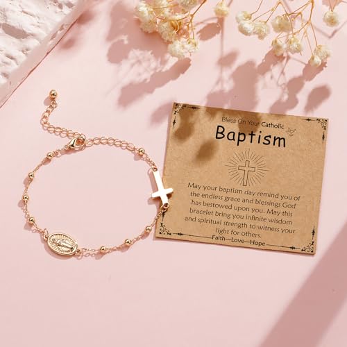 Catholic Virgin Mary Cross Bracelet Gifts for Girls Teens Women, Rosary Beads Charm Link Chain Bracelet Christmas Christian Religious Jewelry Gifts