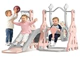 BIERUM Toddler Slide and Swing Set - Baby Slide for Toddlers Age 1-2, with Basketball Hoop, Indoor Outdoor Playset Pink Gray