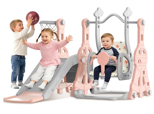 BIERUM Toddler Slide and Swing Set - Baby Slide for Toddlers Age 1-2, with Basketball Hoop, Indoor Outdoor Playset Pink Gray