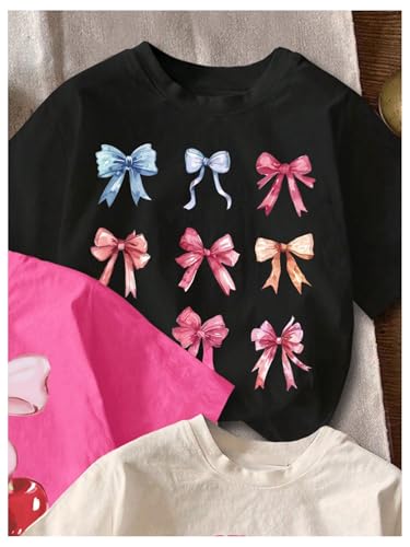 Image of SHENHE Girl's 3 Pack Cute Graphic Tees Cherry Bow Print Aesthetic Short Sleeve Shirt Tops