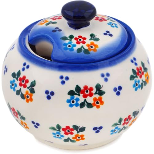 Authentic Polish Pottery Sugar Bowl 12 oz Signature UNIKAT in Sweet Clusters Design Handmade in Boles?awiec Poland + Certificate of Authenticity