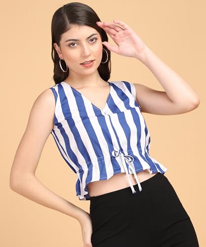 Image of POPWINGS Women Casual Bue & White Stripe Printed Crop Top