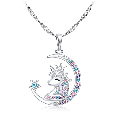 Unicorns Gifts for Girls Necklace: 925 Sterling Silver Crescent Moon Star Unicorn Necklace Cubic Zirconia Unicorn Little Girl Jewelry for Teen Girls & Women Dainty 18