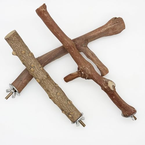 Image of Woohome 3 PCS Natural Grape Stick Natural Wooden Parrot Stand, 2 Grape Wood Perch, 1 Stand, Paw Grinding Fork Bird Perch Stand for Cage Accessorie, Cockatiels, Small Birds