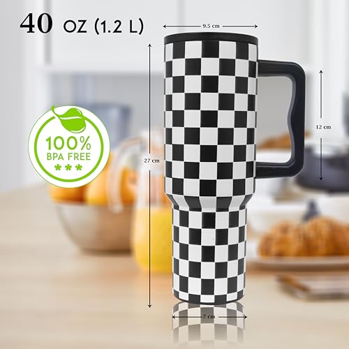 Image of Stainless Steel 1200 ml Vacuum Tumbler with Lid & Straw - Double‑Wall Insulated Cup for Travel, Gym & Office - Keeps Beverages Hot or Cold - 1.2 L Capacity (Black Checks)