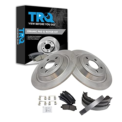 Image of TRQ Rear Brake Pad and Rotor Set Ceramic Parking Brake Shoe Compatible with 2016 2018 Ford Mustang